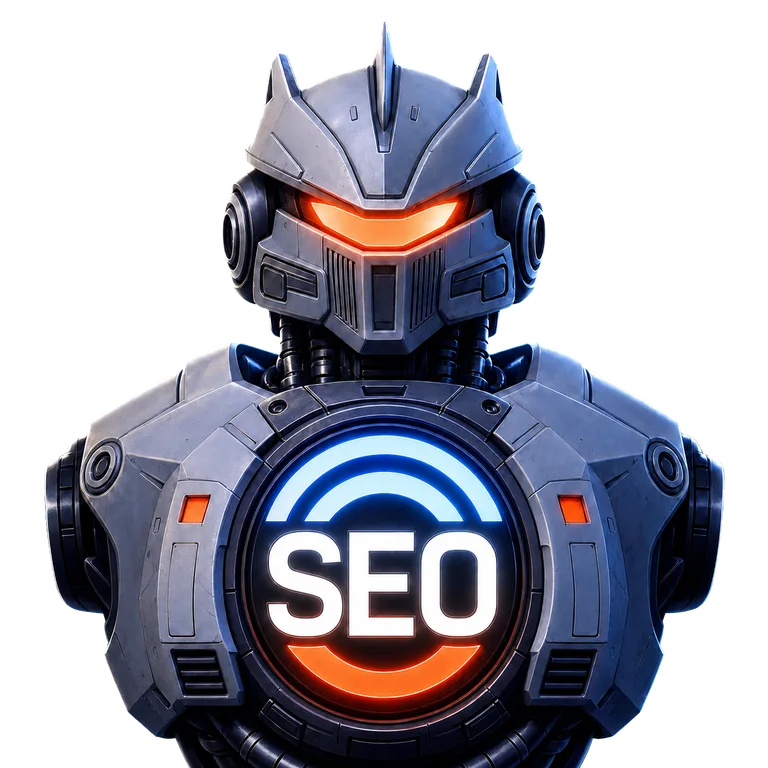 The Mecha SEO robot - gunmetal armor, glowing orange visor
